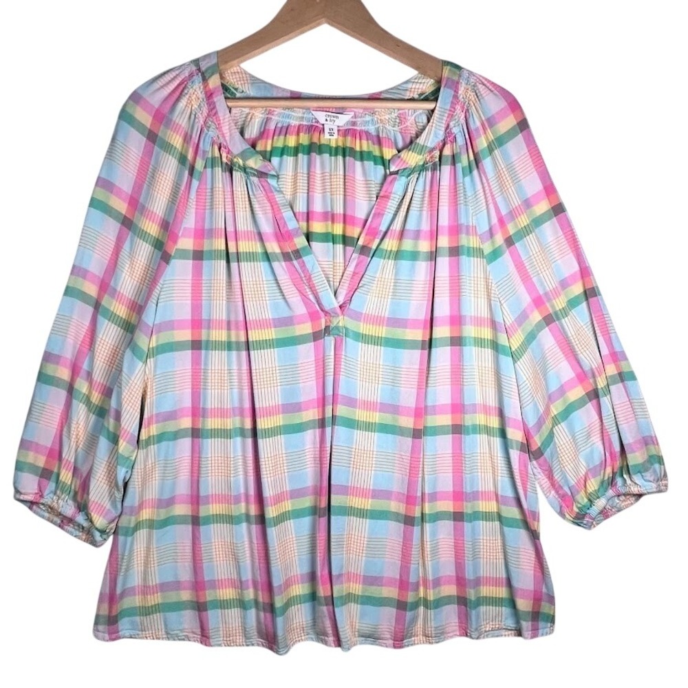 Crown & Ivy Women's Plus 2X Pastel Plaid Tunic Blouse Split Neck 3/4 Sleeve Boho
